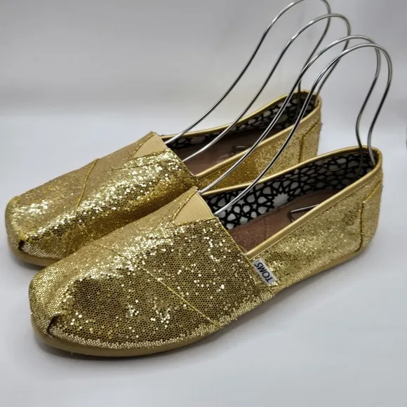 Toms Flats Womens Size 9 Gold Glitter Sparkly Slip On Classic Canvas Shoes