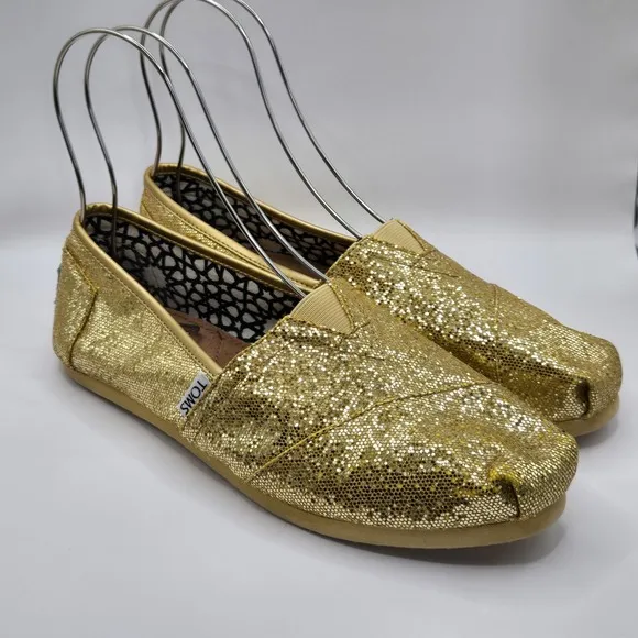 Toms Flats Womens Size 9 Gold Glitter Sparkly Slip On Classic Canvas Shoes