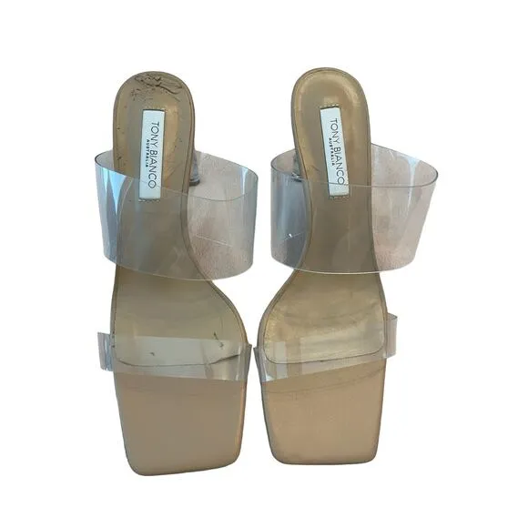 Tony Bianco Chicago Heels Sandals Square Toe Clear Vinylite/Skin Nappa Size 6