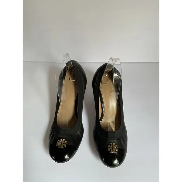 Tory Burch Black Leather Block Heel Pumps Size 8 Logo Cap Toe Office Shoes