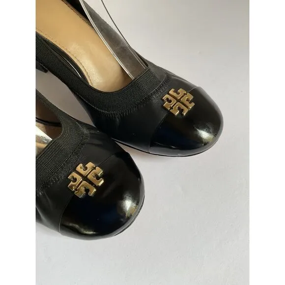 Tory Burch Black Leather Block Heel Pumps Size 8 Logo Cap Toe Office Shoes