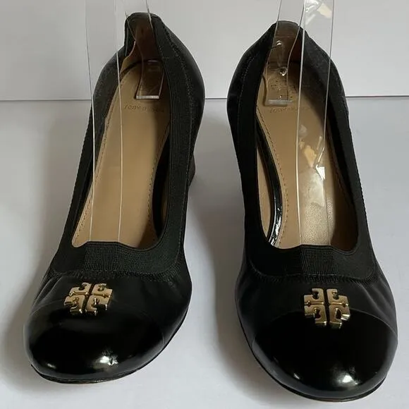 Tory Burch Black Leather Block Heel Pumps Size 8 Logo Cap Toe Office Shoes