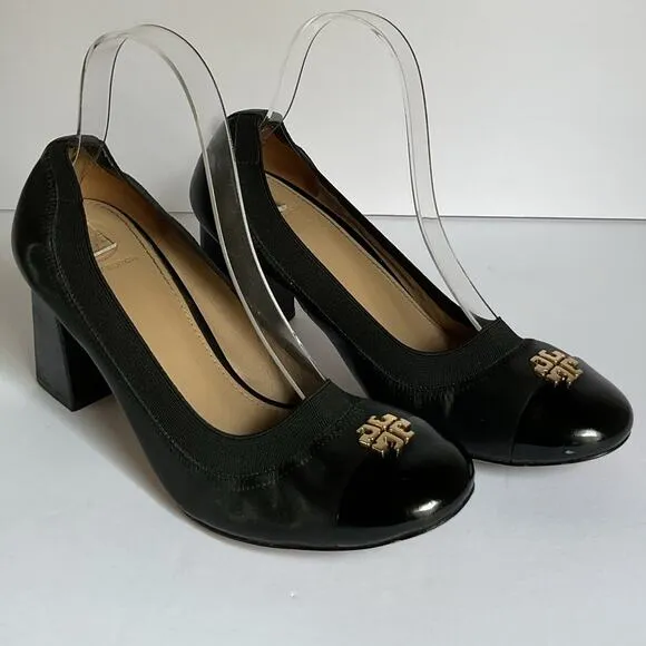 Tory Burch Black Leather Block Heel Pumps Size 8 Logo Cap Toe Office Shoes
