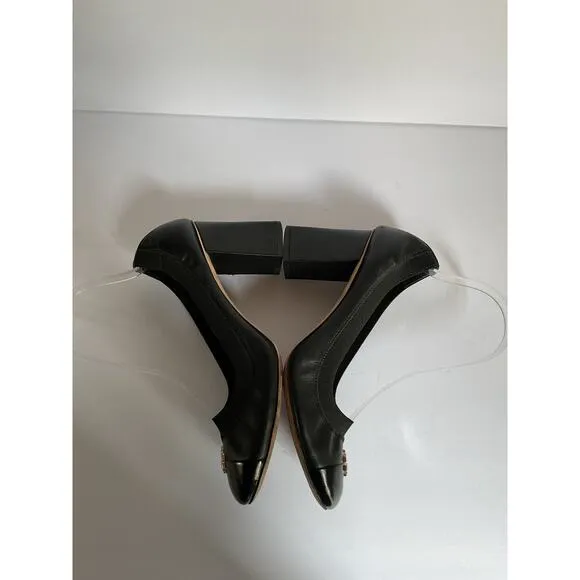Tory Burch Black Leather Block Heel Pumps Size 8 Logo Cap Toe Office Shoes