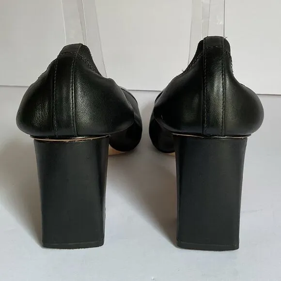 Tory Burch Black Leather Block Heel Pumps Size 8 Logo Cap Toe Office Shoes