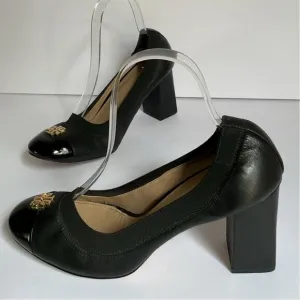 Tory Burch Black Leather Block Heel Pumps Size 8 Logo Cap Toe Office Shoes
