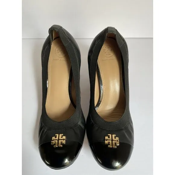 Tory Burch Black Leather Block Heel Pumps Size 8 Logo Cap Toe Office Shoes