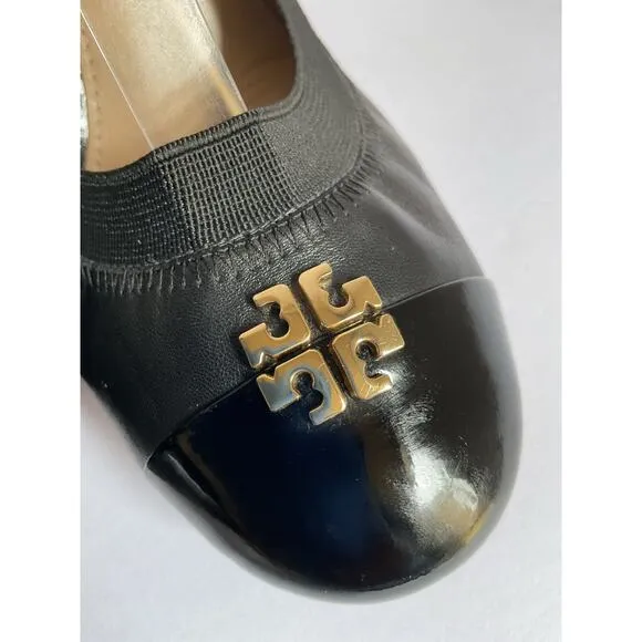 Tory Burch Black Leather Block Heel Pumps Size 8 Logo Cap Toe Office Shoes