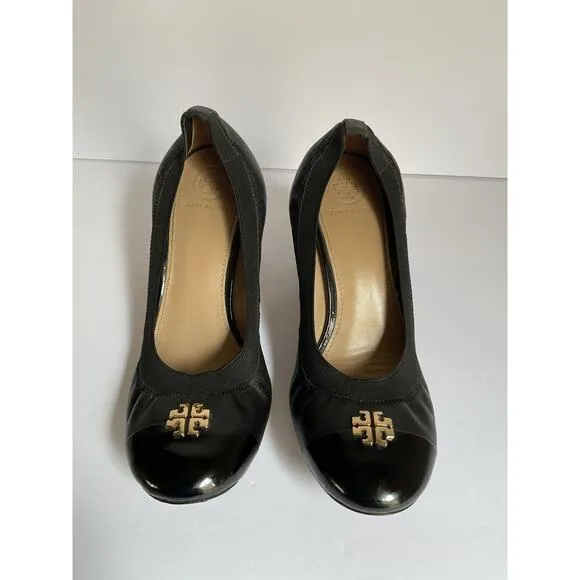 Tory Burch Black Leather Block Heel Pumps Size 8 Logo Cap Toe Office Shoes