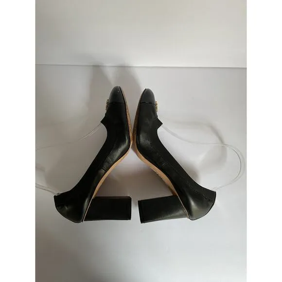 Tory Burch Black Leather Block Heel Pumps Size 8 Logo Cap Toe Office Shoes