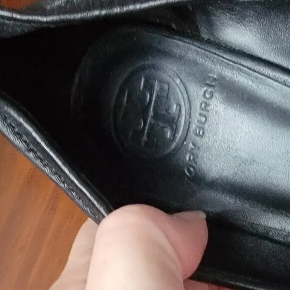 Tory Burch Black Leather Wedge Pumps Womens 9.5 Shoes Gold Logo on Heel