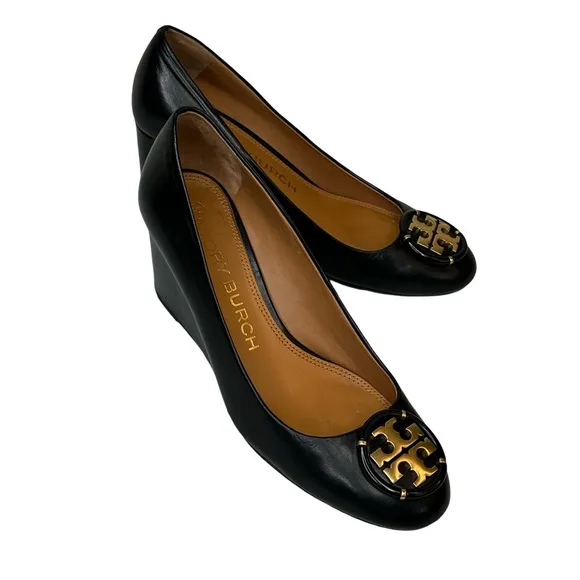 Tory Burch Black Leather Women's Chelsea Wedge Pumps Size 7.5