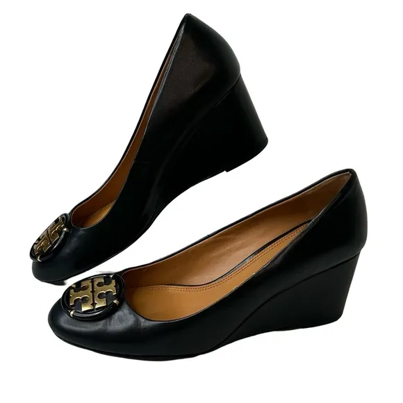 Tory Burch Black Leather Women's Chelsea Wedge Pumps Size 7.5