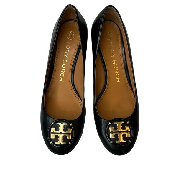 Tory Burch Black Leather Women's Chelsea Wedge Pumps Size 7.5