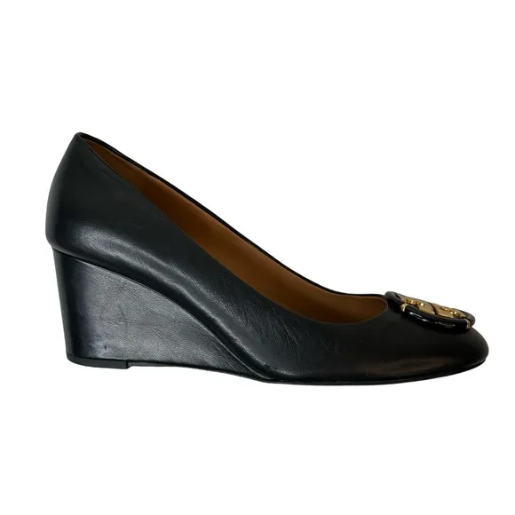 Tory Burch Black Leather Women's Chelsea Wedge Pumps Size 7.5