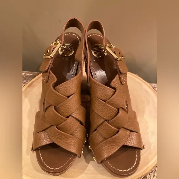 Tory Burch Brown Woven Leather Chunky Wooden Platform Heel Jodie Sandal size 8.5