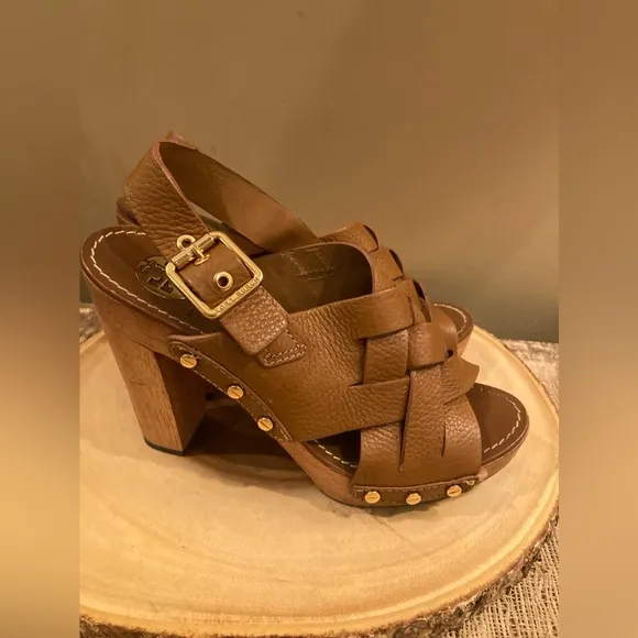 Tory Burch Brown Woven Leather Chunky Wooden Platform Heel Jodie Sandal size 8.5