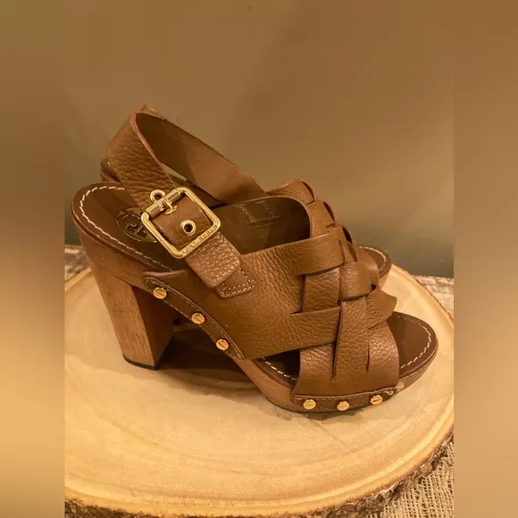 Tory Burch Brown Woven Leather Chunky Wooden Platform Heel Jodie Sandal size 8.5
