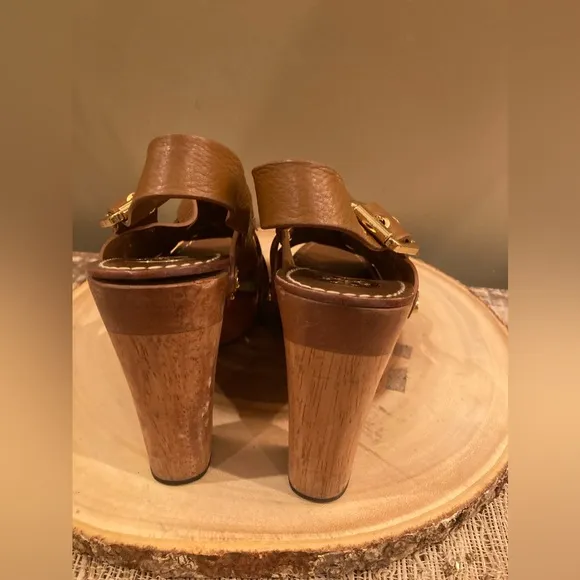 Tory Burch Brown Woven Leather Chunky Wooden Platform Heel Jodie Sandal size 8.5