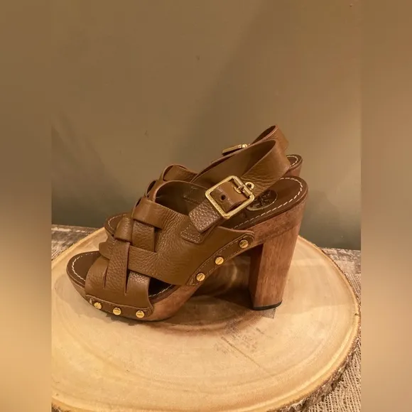 Tory Burch Brown Woven Leather Chunky Wooden Platform Heel Jodie Sandal size 8.5