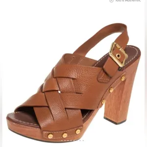 Tory Burch Brown Woven Leather Chunky Wooden Platform Heel Jodie Sandal size 8.5