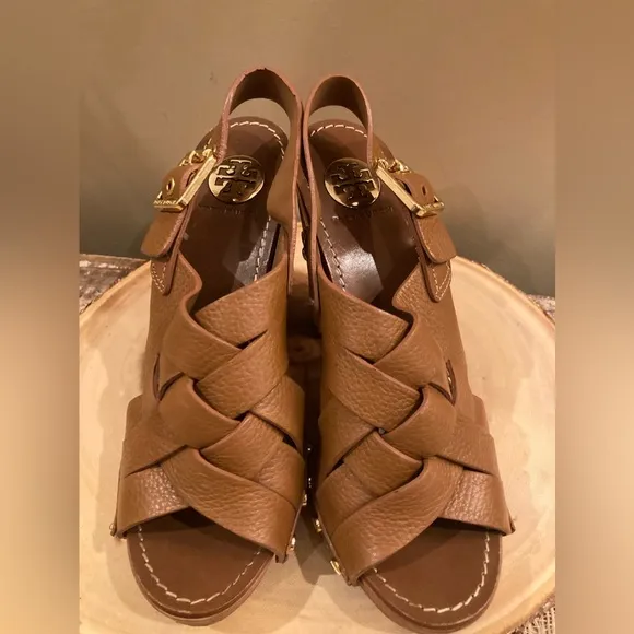 Tory Burch Brown Woven Leather Chunky Wooden Platform Heel Jodie Sandal size 8.5