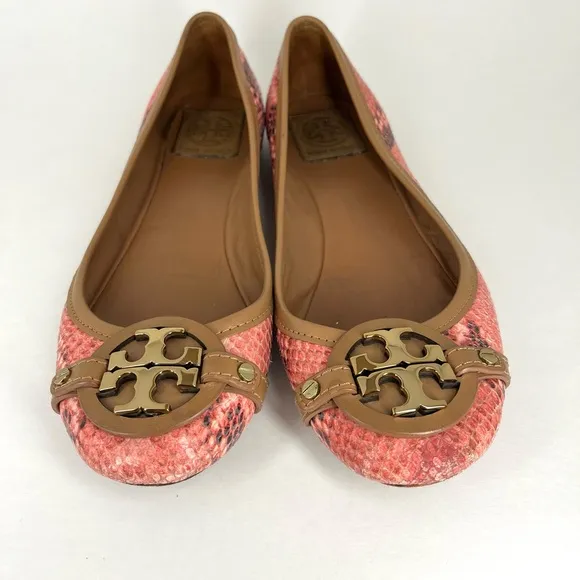 Tory Burch Coral Pink Animal Pattern Snakeskin Leather Ballet Flats Shoes Size 8
