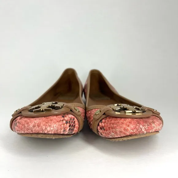 Tory Burch Coral Pink Animal Pattern Snakeskin Leather Ballet Flats Shoes Size 8