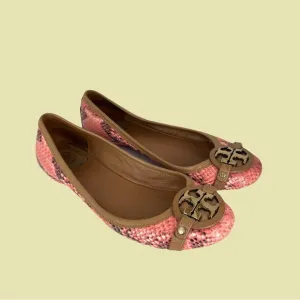 Tory Burch Coral Pink Animal Pattern Snakeskin Leather Ballet Flats Shoes Size 8