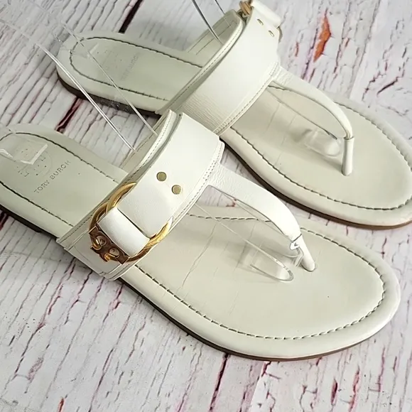 TORY BURCH Elegant White Thongs with Gold Accents Size 8