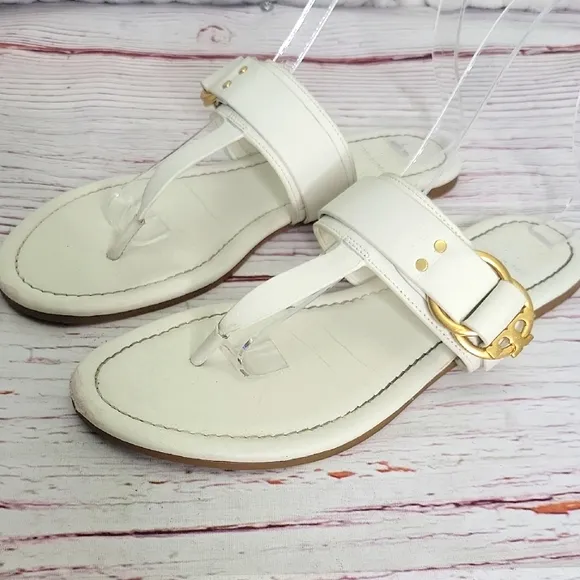 TORY BURCH Elegant White Thongs with Gold Accents Size 8