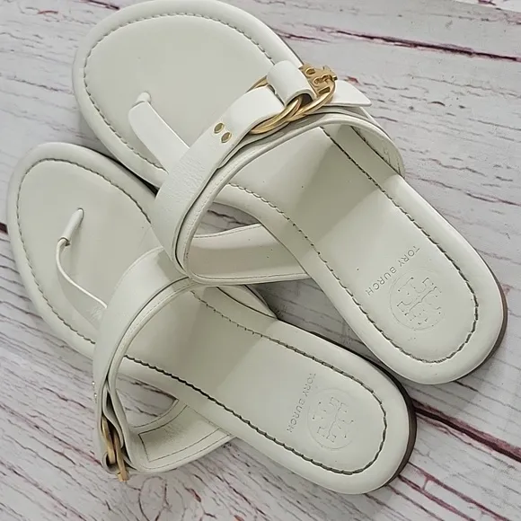 TORY BURCH Elegant White Thongs with Gold Accents Size 8