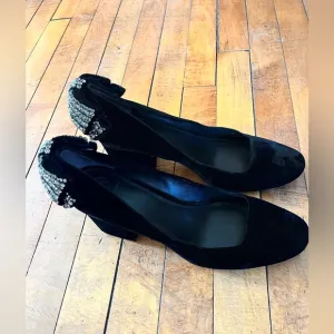 Tory Burch Josephine black velvet pumps rhinestone bow shoes