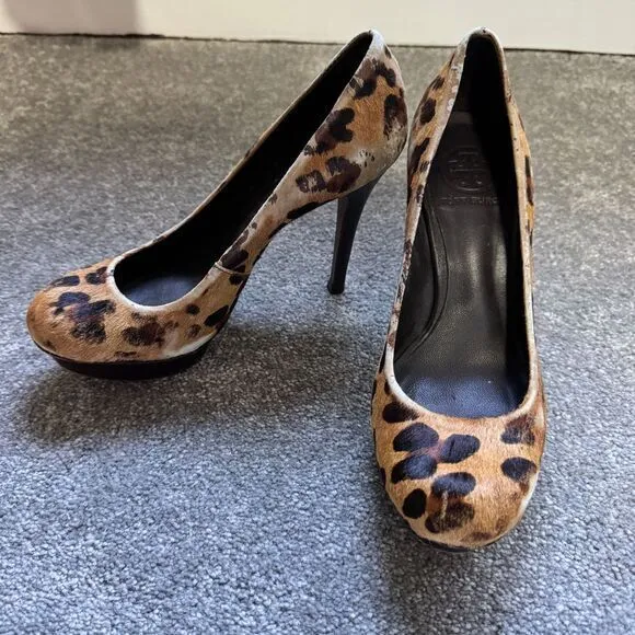 Tory Burch Leopard Print Calf Hair‎ Pumps High Heels Classic Round Toe