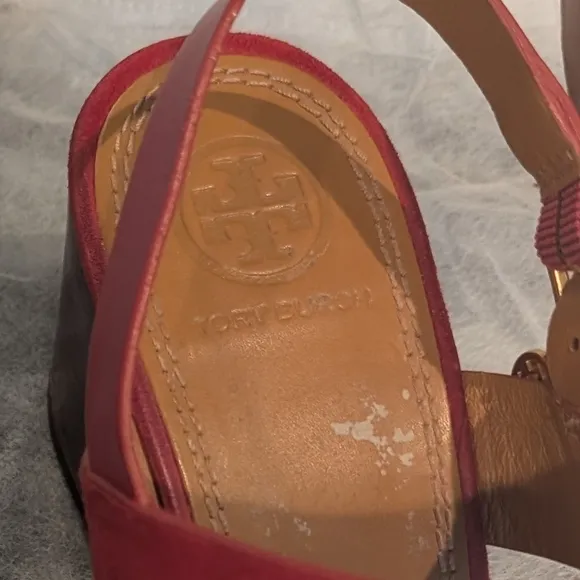 Tory Burch Mini Benton Red Apple Kid Suede Wedge Sandals