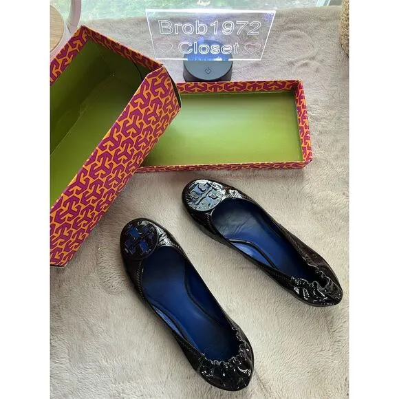 Tory Burch Reva Ballet Flats Women’s Size 9 Brown Patent Leather Slip Re…