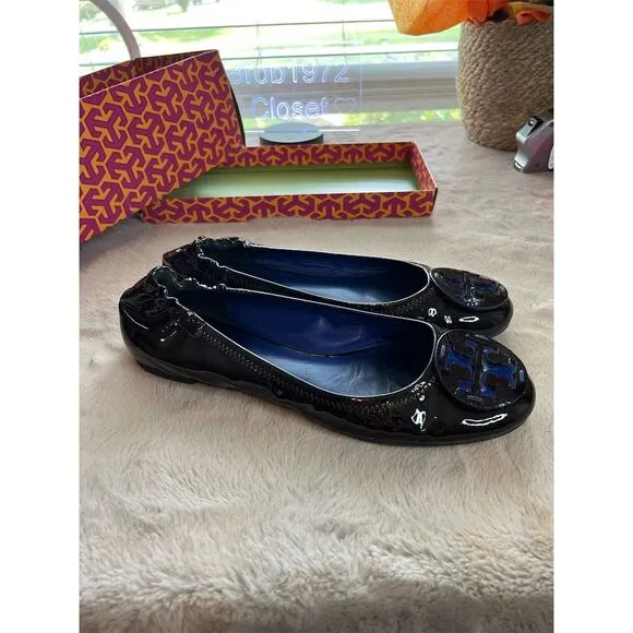 Tory Burch Reva Ballet Flats Women’s Size 9 Brown Patent Leather Slip Re…