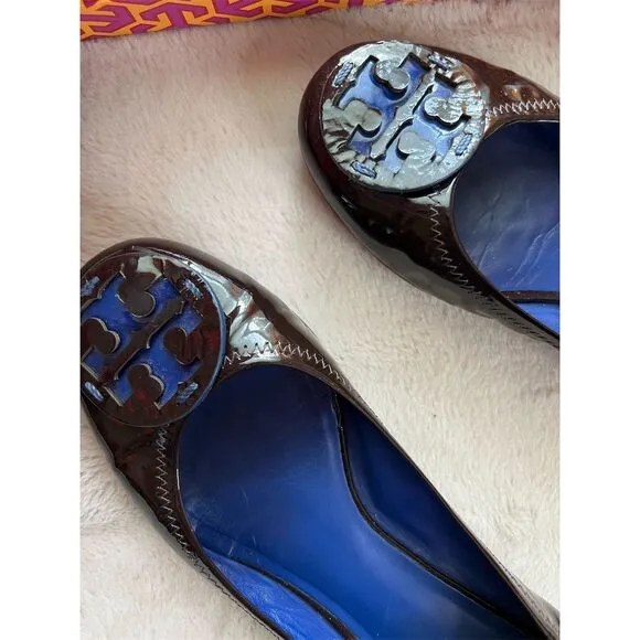 Tory Burch Reva Ballet Flats Women’s Size 9 Brown Patent Leather Slip Re…