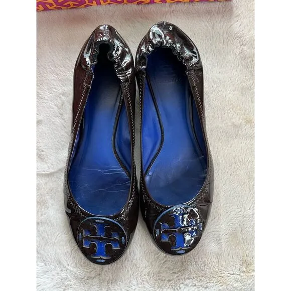 Tory Burch Reva Ballet Flats Women’s Size 9 Brown Patent Leather Slip Re…