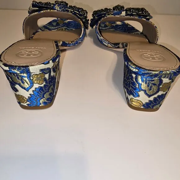 Tory Burch Valentina Brocade Rhinestone Embellished Bow Slide Sandals Blue 10