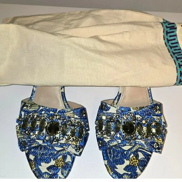 Tory Burch Valentina Brocade Rhinestone Embellished Bow Slide Sandals Blue 10