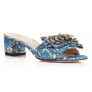 Tory Burch Valentina Brocade Rhinestone Embellished Bow Slide Sandals Blue 10