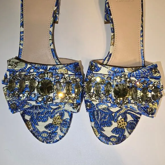 Tory Burch Valentina Brocade Rhinestone Embellished Bow Slide Sandals Blue 10