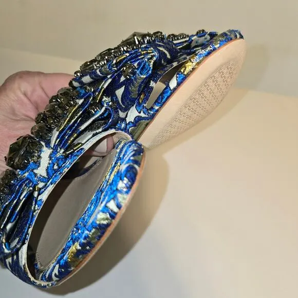 Tory Burch Valentina Brocade Rhinestone Embellished Bow Slide Sandals Blue 10
