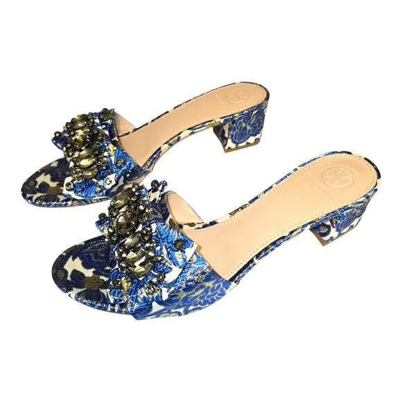 Tory Burch Valentina Brocade Rhinestone Embellished Bow Slide Sandals Blue 10