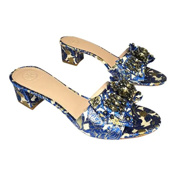 Tory Burch Valentina Brocade Rhinestone Embellished Bow Slide Sandals Blue 10