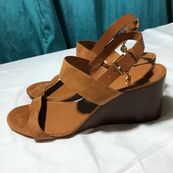 Tory Burch womens 8.5 mini Benton wedge strappy sandals cognac leather buckle