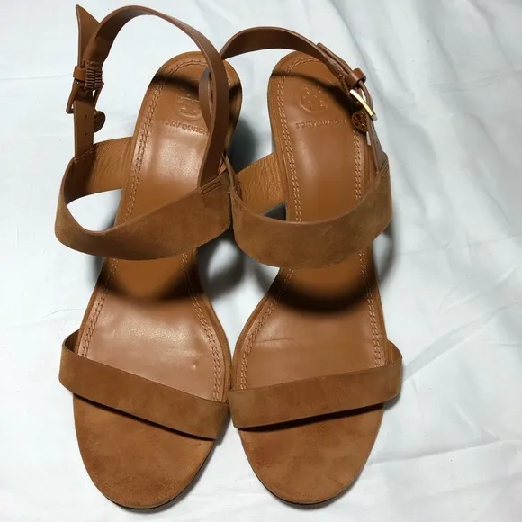 Tory Burch womens 8.5 mini Benton wedge strappy sandals cognac leather buckle