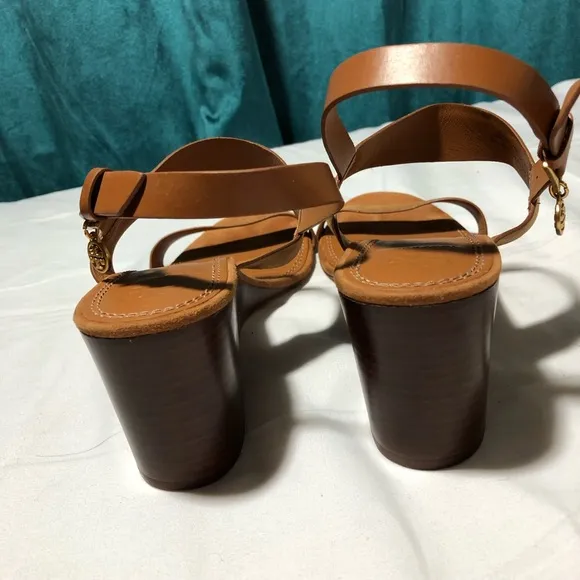 Tory Burch womens 8.5 mini Benton wedge strappy sandals cognac leather buckle