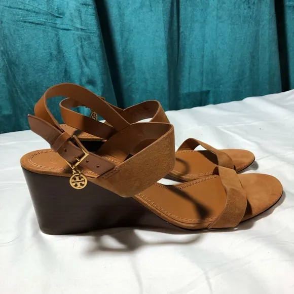 Tory Burch womens 8.5 mini Benton wedge strappy sandals cognac leather buckle
